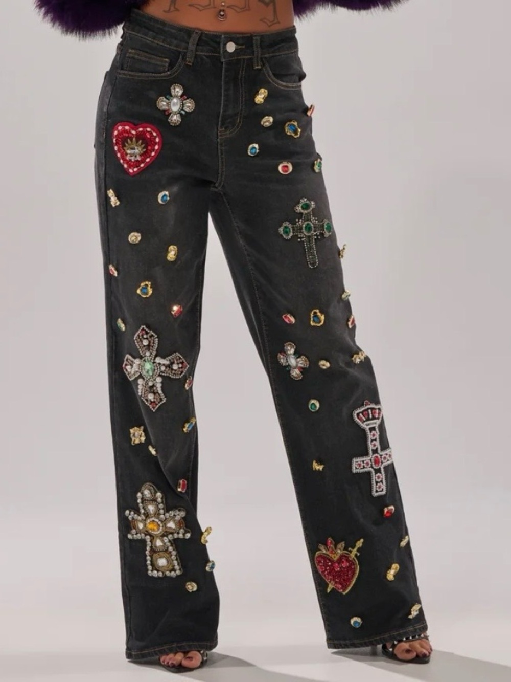 AKIRA Black Wide-Leg Jeans with Colorful Jeweled Appliqués